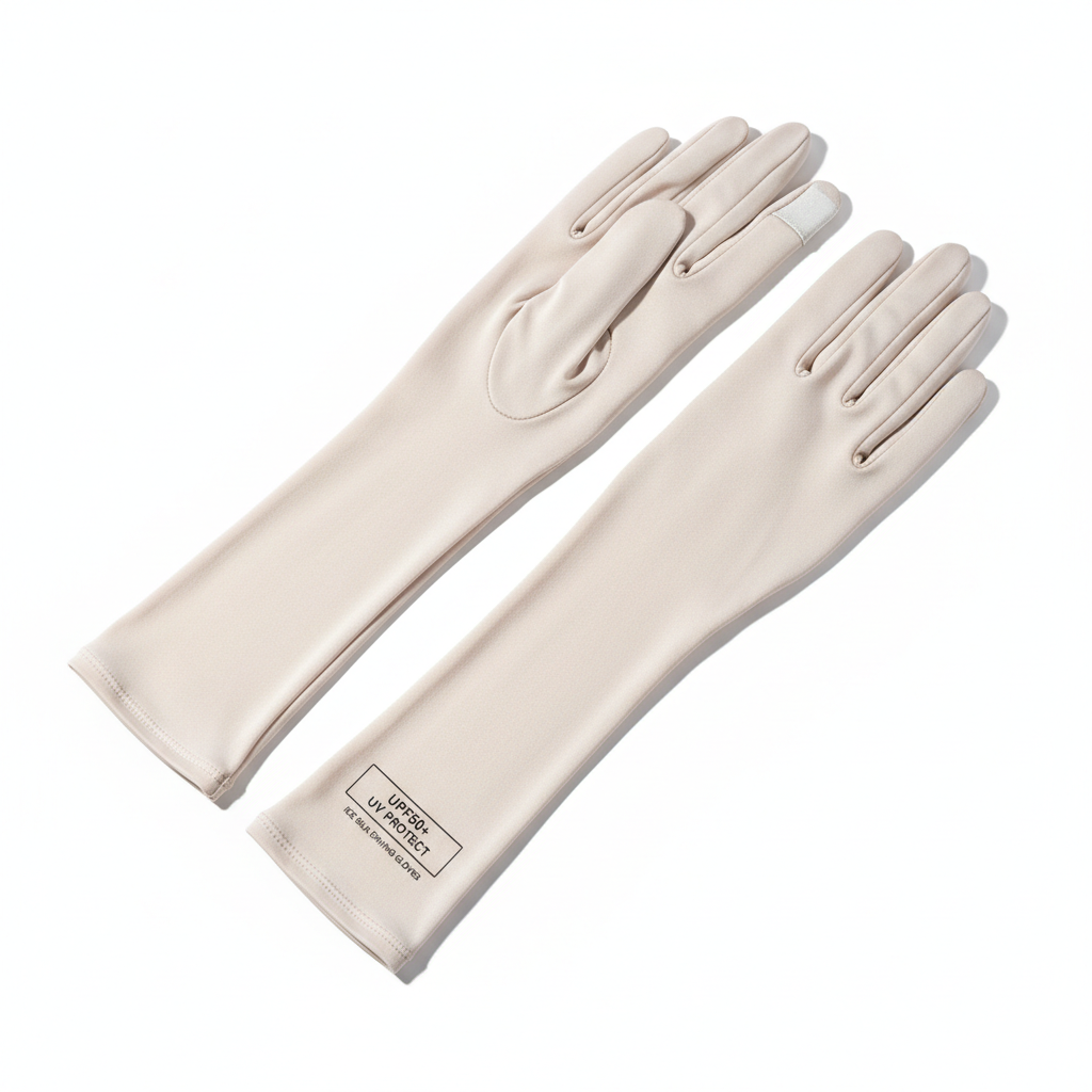 Women's UPF50+ extended long arm ice silk UV protection gloves in beige