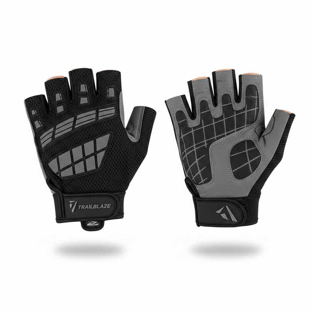 Black gray half-finger cycling hiking gloves with mesh back