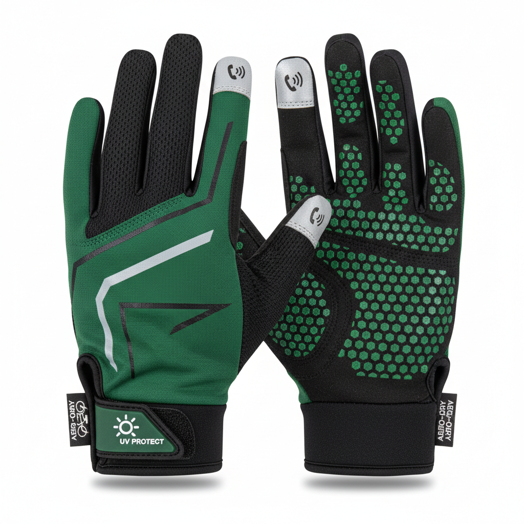 Men's green black full-finger cycling gloves with UV protection and anti-slip grip